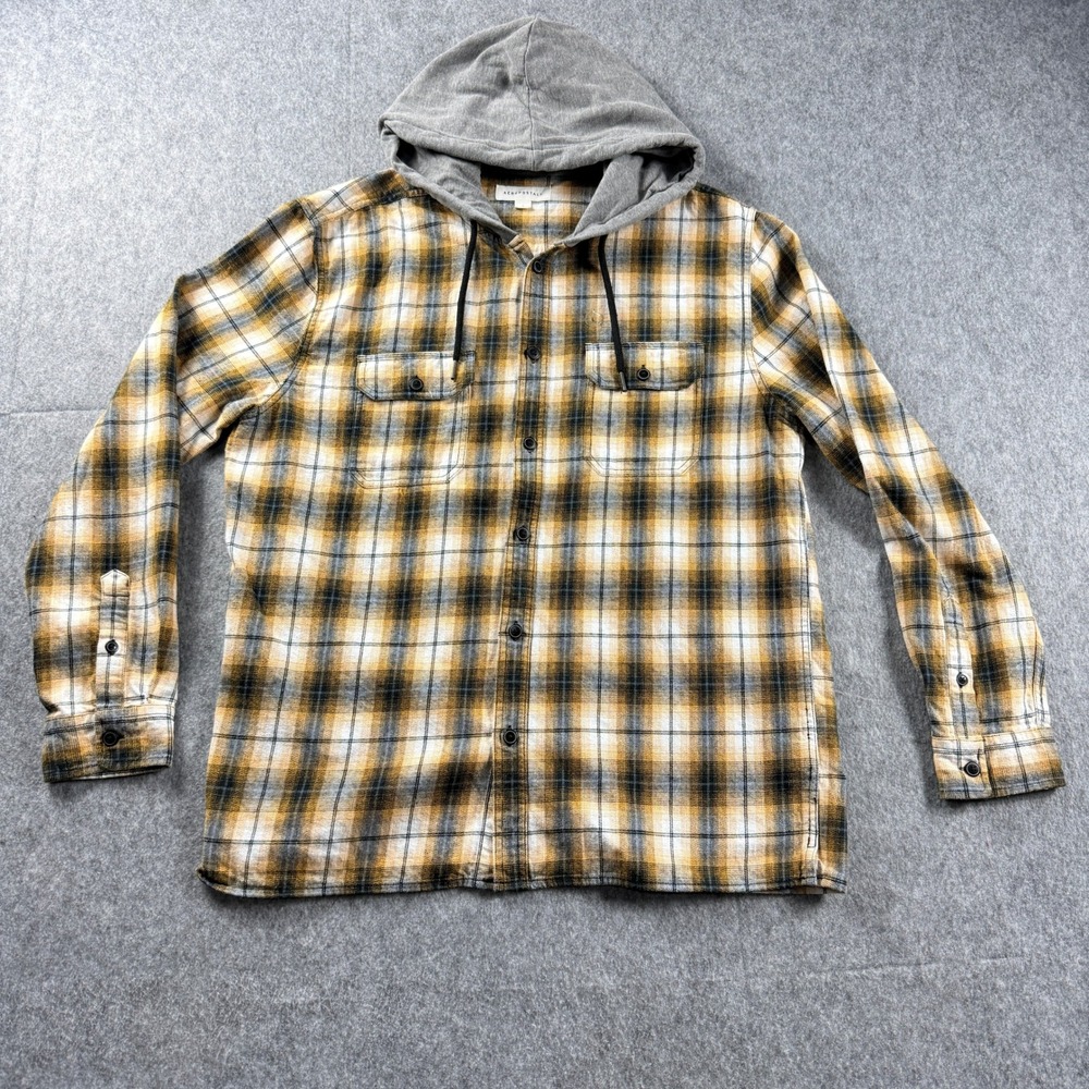 Aeropostale Mens‎ Hooded Flannel Shirt Yellow Black Plaid Long Sleeve Large 8700